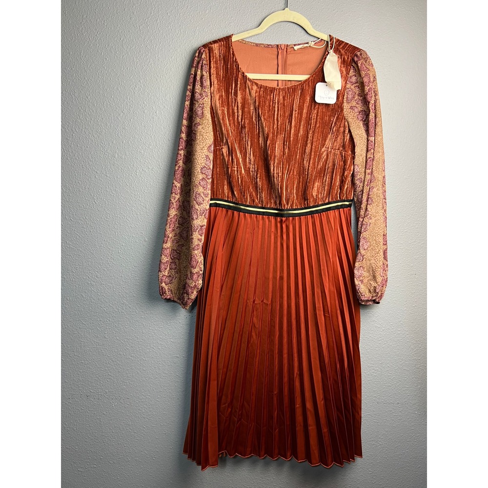Mystree‎ Womens Rust Orange Velvet Pleated Mixed Media Midi Dress Size L NWT